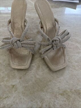 Loeffler Randall Crystal Knot Slip-On Heels in Champagne
